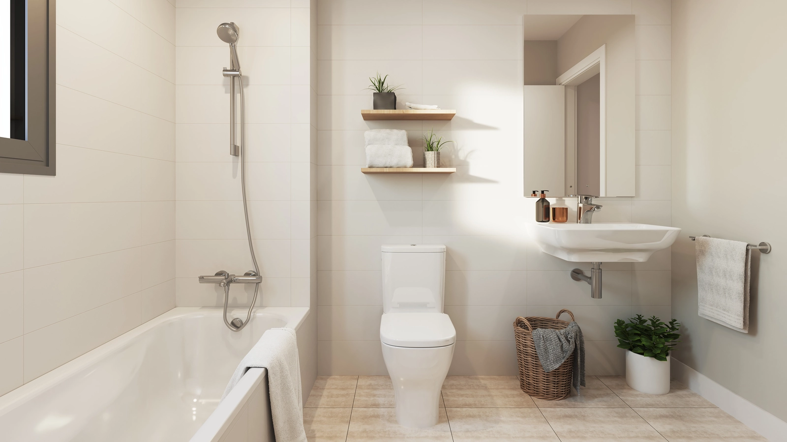 Een lichte en ruime badkamer met een ligbad en moderne, hoogwaardige afwerkingen.