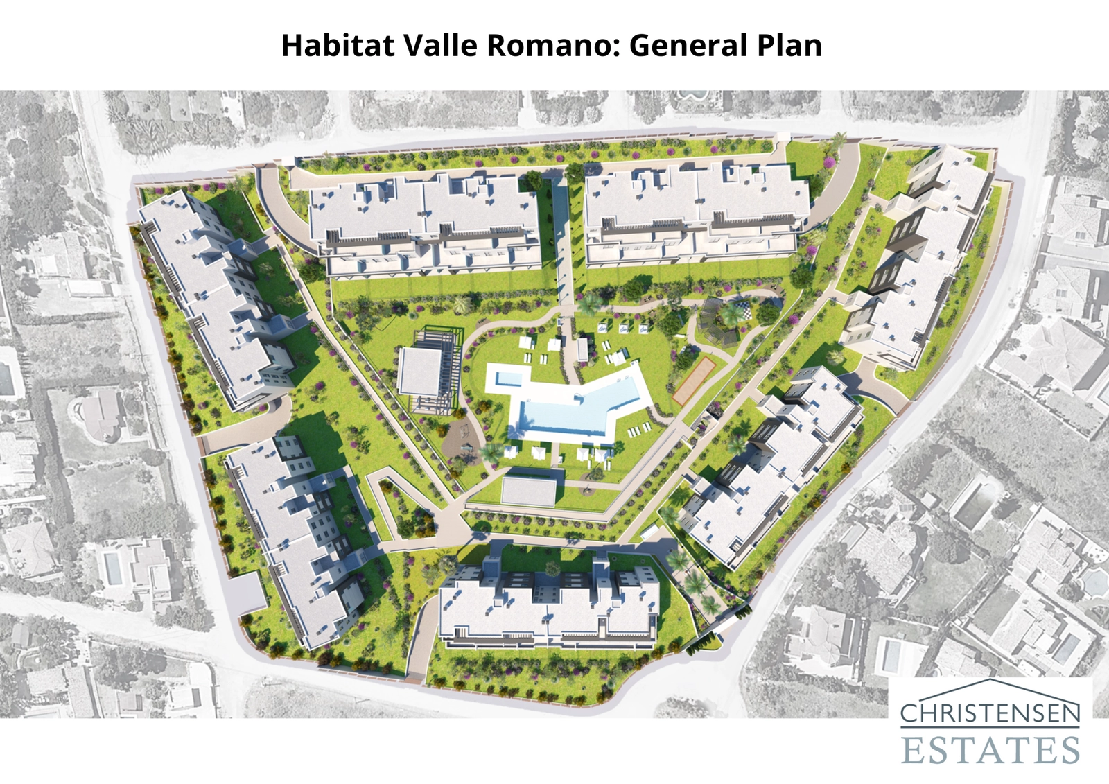 Een overzicht van het complex, met de doordachte indeling van gebouwen, zwembaden en uitgestrekte groene zones, ontworpen voor gemeenschappelijk wonen.