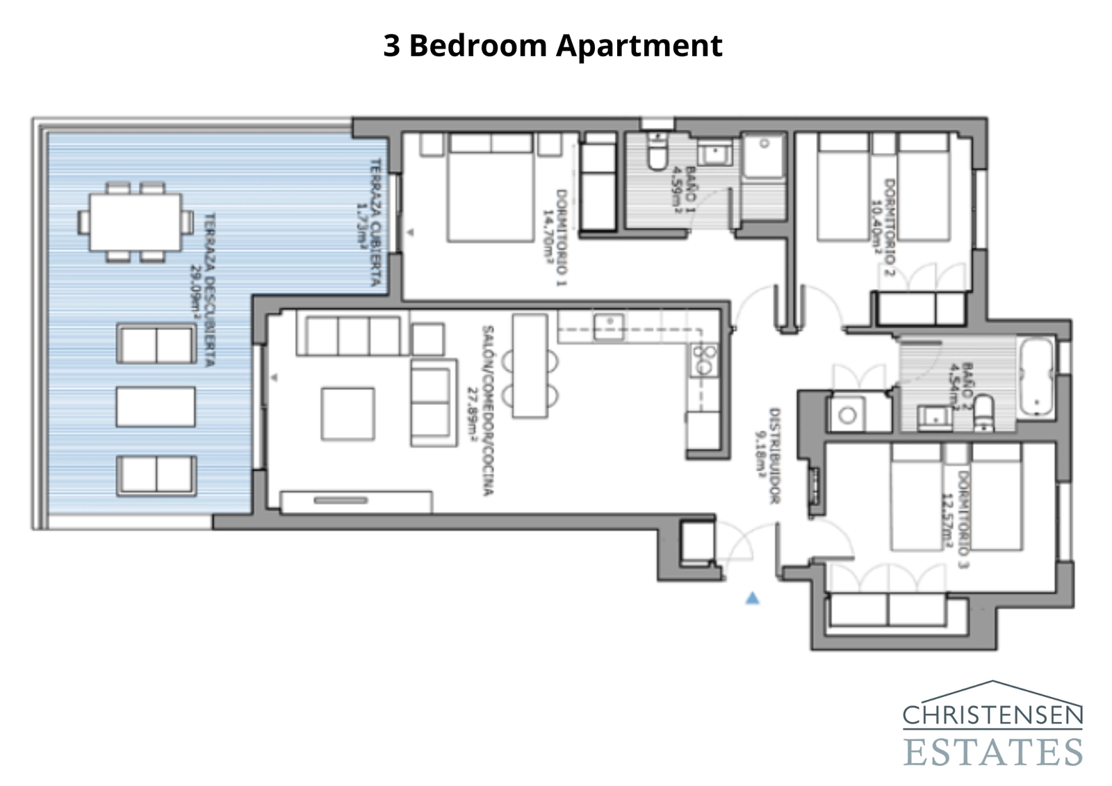 Een ruime woning met drie slaapkamers, ontworpen voor comfort, met een groot terras dat een prachtig uitzicht en voldoende ruimte voor ontspanning biedt.