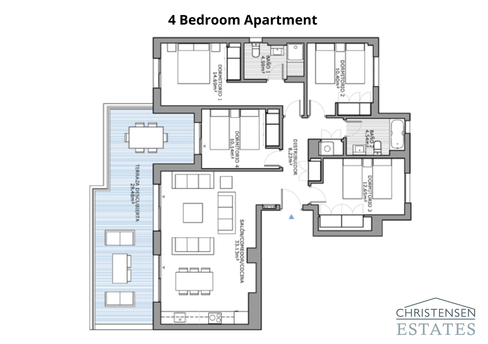De plattegrond met vier slaapkamers biedt uitzonderlijk veel ruimte voor gezinswonen, waarbij open woonruimtes worden gecombineerd met privévertrekken en een groot terras.