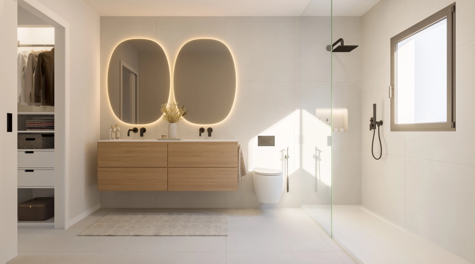 Een lichte en eigentijdse badkamer met hoogwaardige armaturen en een ruime inloopdouche.