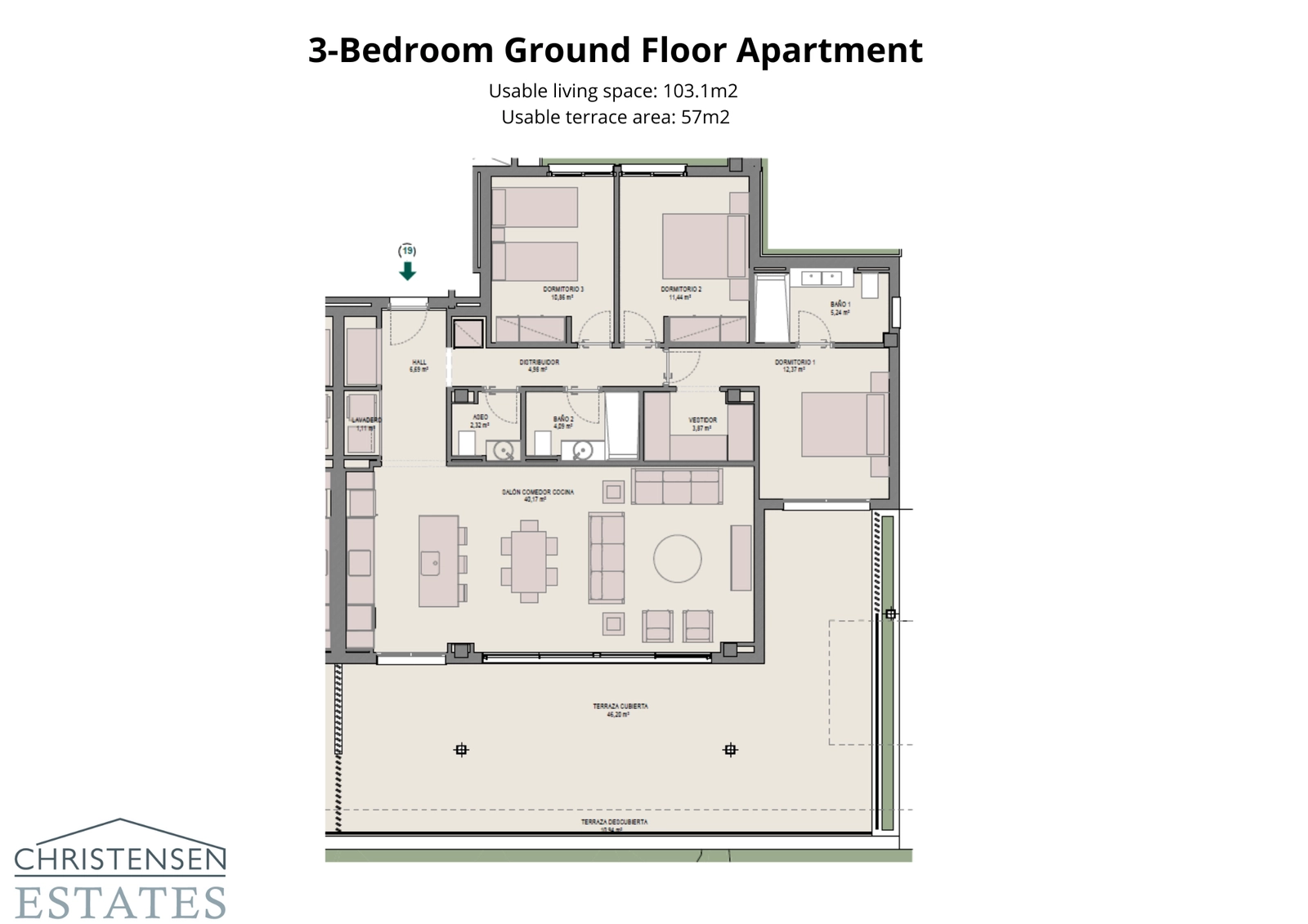 Indeling van een woning op de begane grond met drie slaapkamers, waarbij de ruime interieurs en directe toegang tot een privé-tuin opvallen.