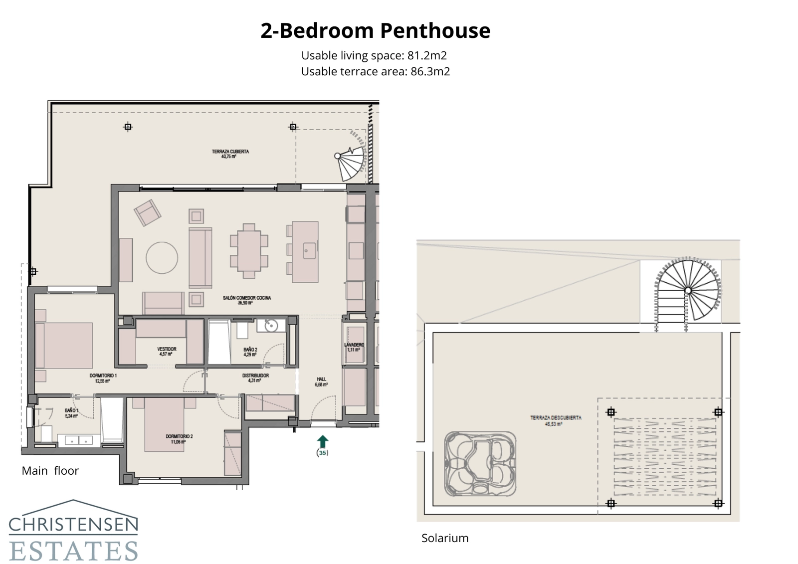 Deze plattegrond van een penthouse met twee slaapkamers beschikt over een uitgestrekt dakterras, perfect om te zonnebaden, te dineren en te genieten van het panoramisch uitzicht.