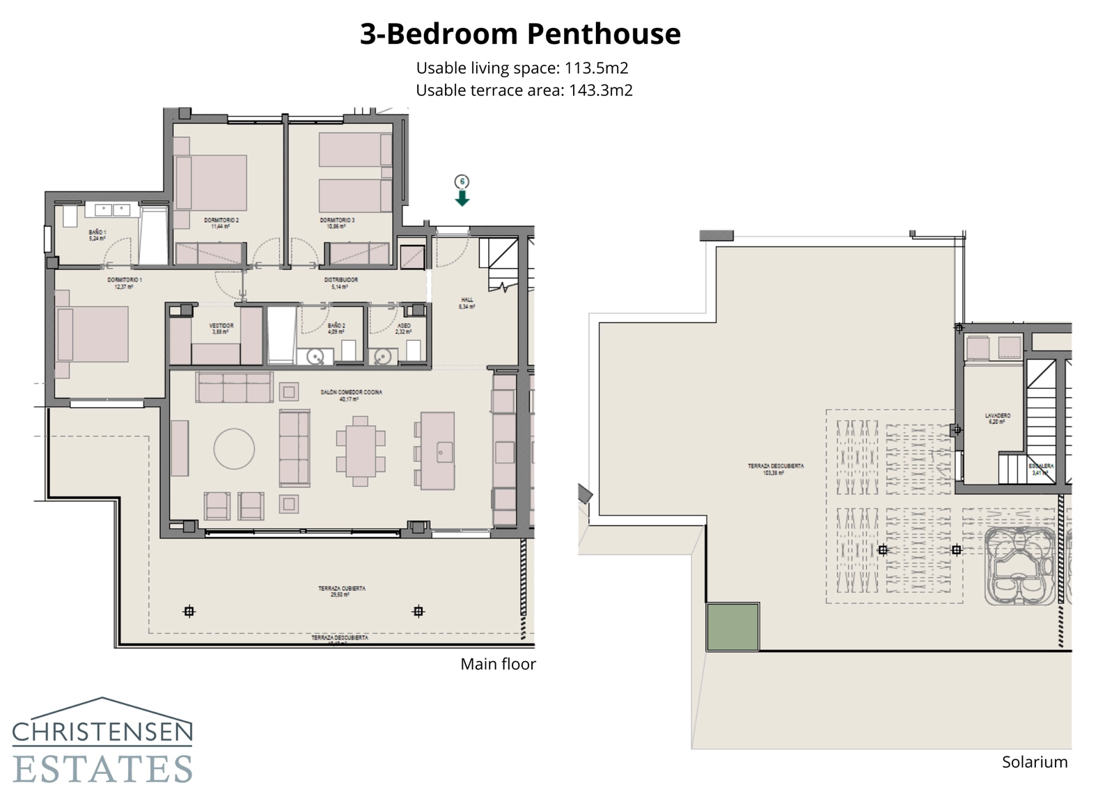 De indeling van het penthouse met drie slaapkamers biedt royale leefruimtes en een prachtig solarium voor de ultieme luxe levensstijl.