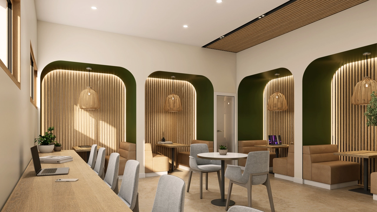 Een stijlvolle en functionele co-workingruimte, die een comfortabele omgeving biedt voor werk of vergaderingen.