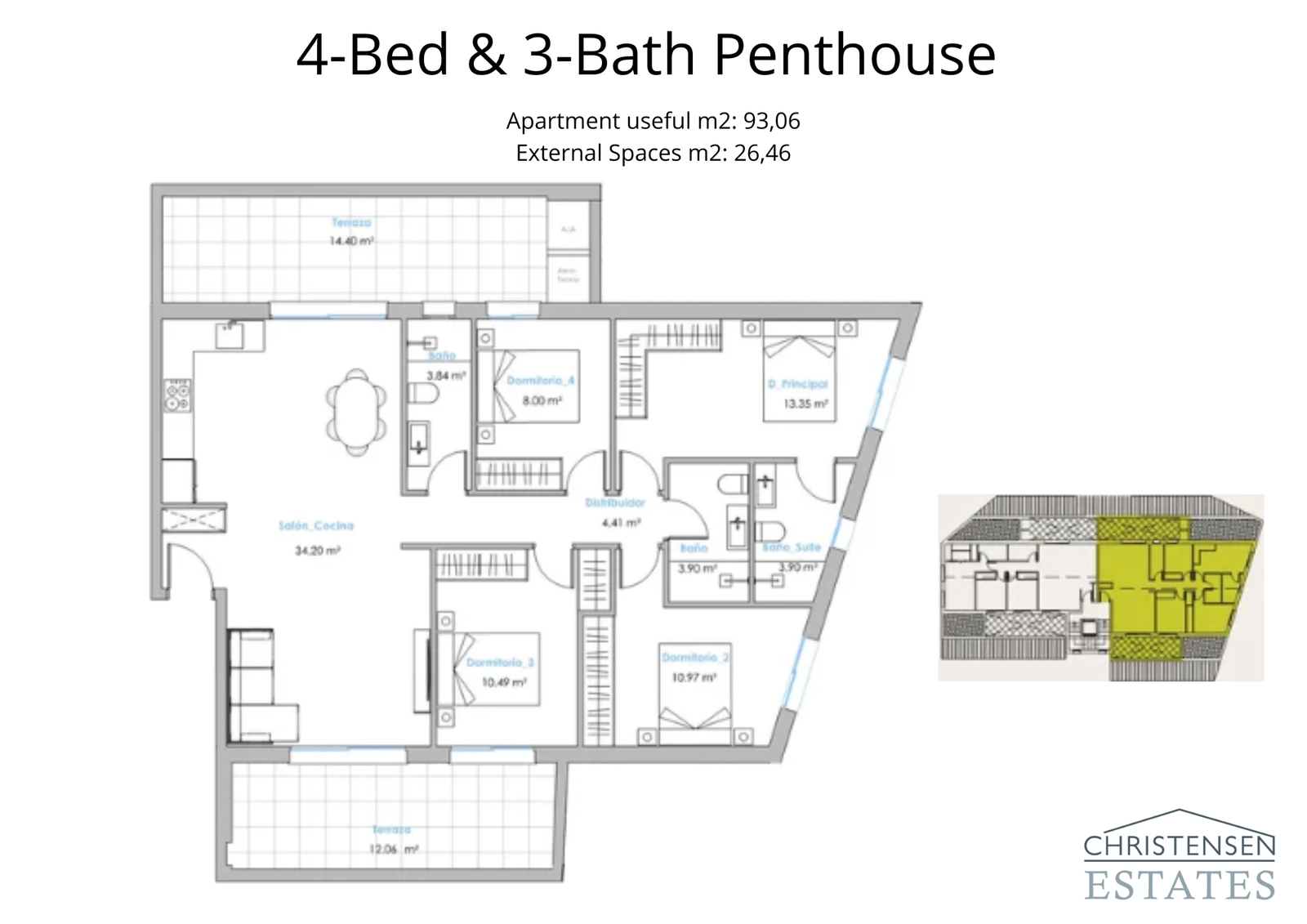 Een ruime penthouse-indeling met vier slaapkamers, ontworpen voor luxe leven met een grote woonkamer en twee afzonderlijke terrassen om van het uitzicht te genieten.