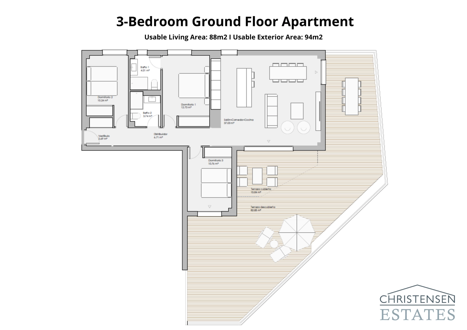 Deze indeling op de begane grond met drie slaapkamers verbindt ruime interieurs met een royaal terras en een privétuin, perfect voor buitenleven.