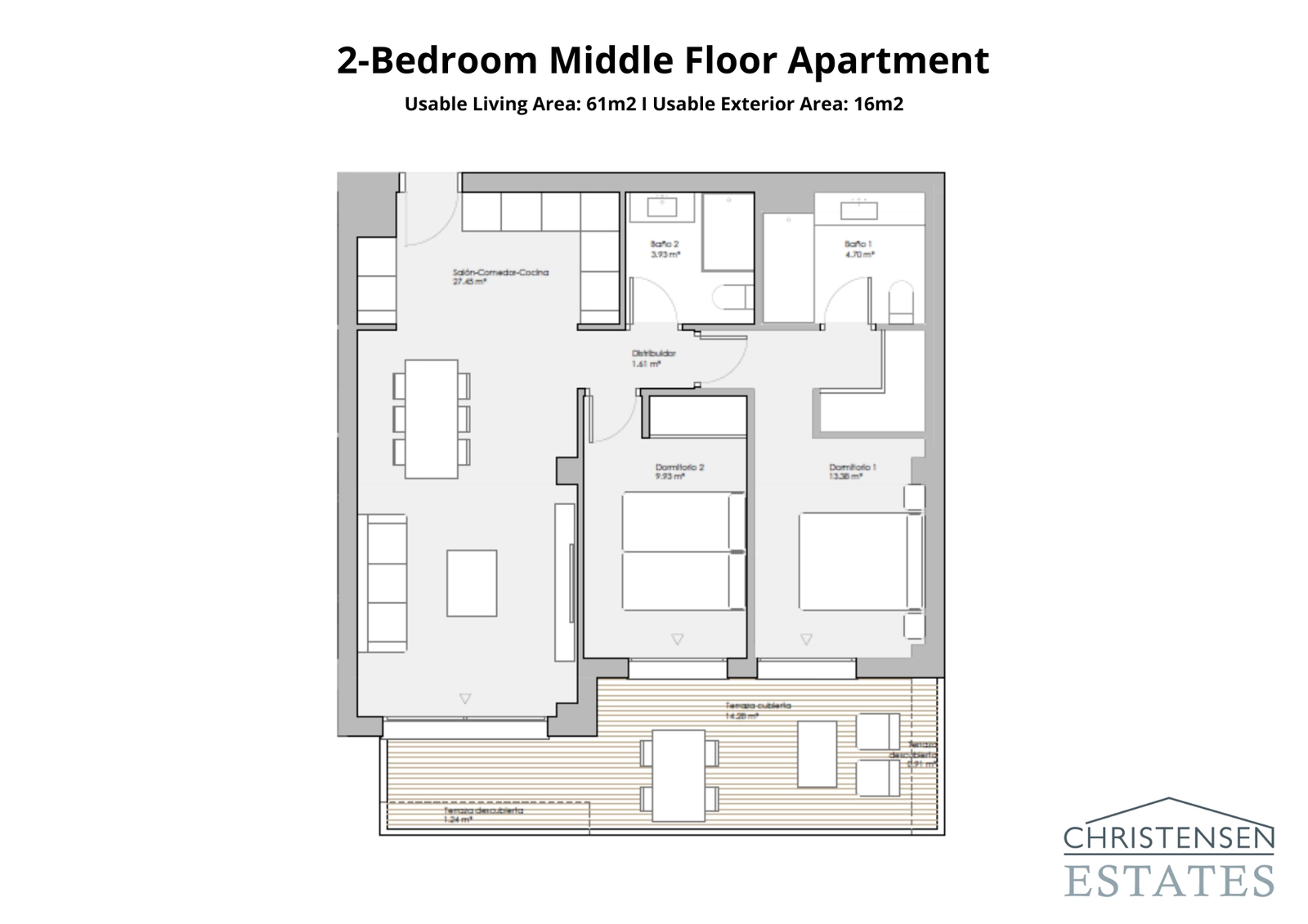 Een slim tweekamerontwerp met een open woonruimte die doorloopt naar een privé-terras, ideaal om van het uitzicht te genieten.