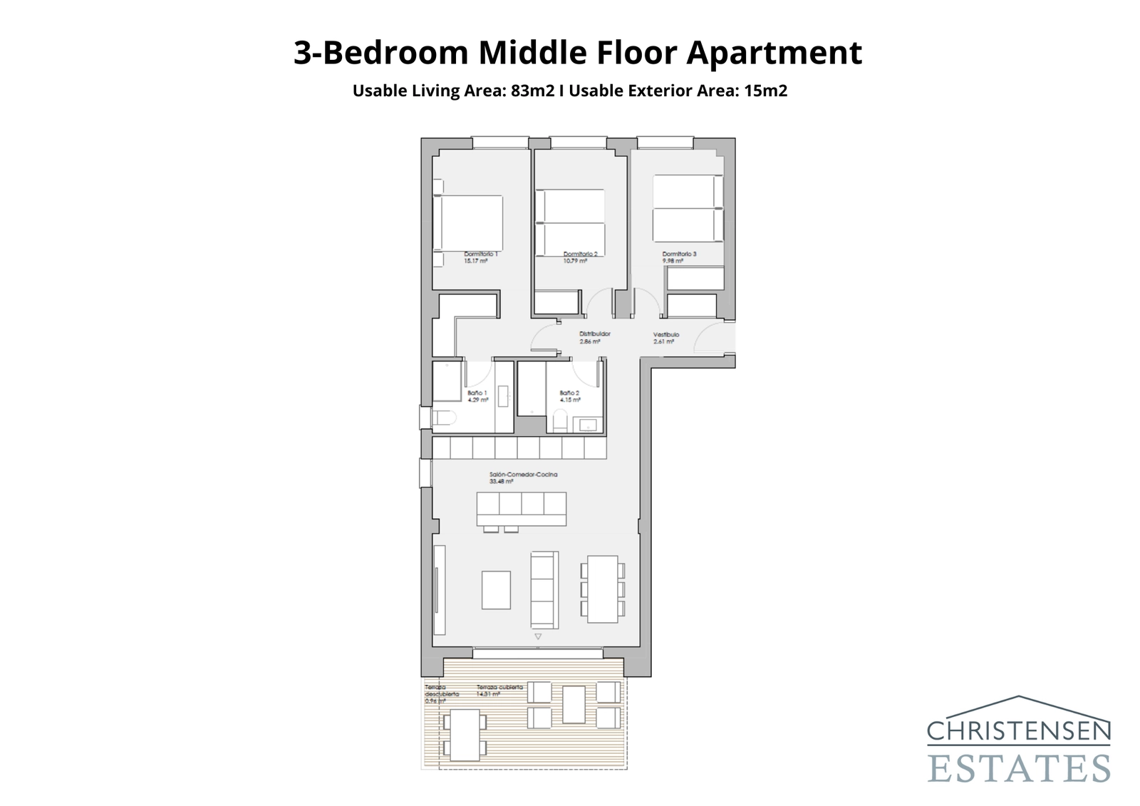 Een goed geproportioneerde plattegrond met drie slaapkamers die comfort en privacy biedt, met voldoende ruimte voor familie en gasten.