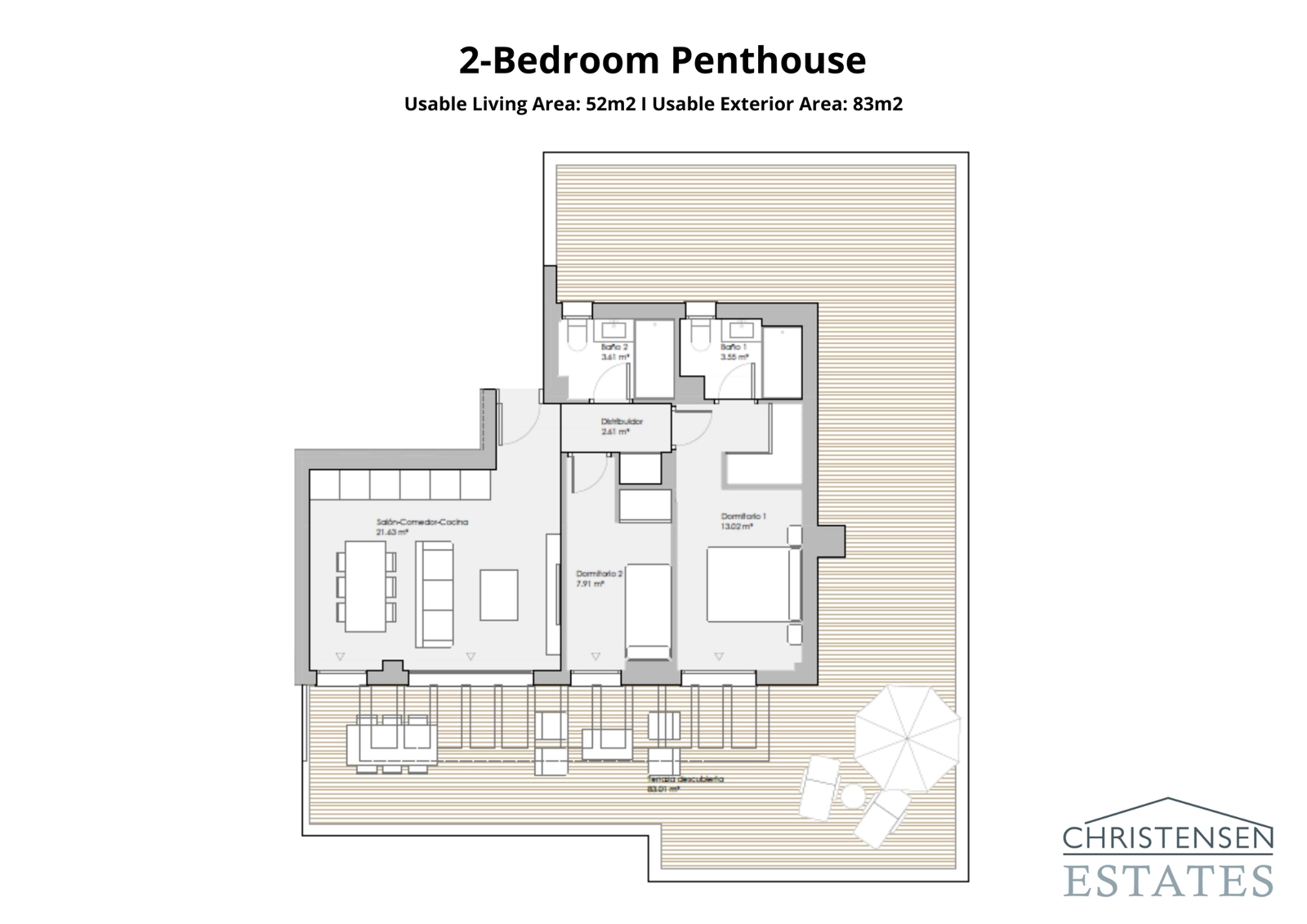 De exclusieve penthouse-indeling met twee slaapkamers beschikt over een uitgestrekt rondomlopend terras, dat uitzonderlijke ruimte biedt voor entertainment en ontspanning.