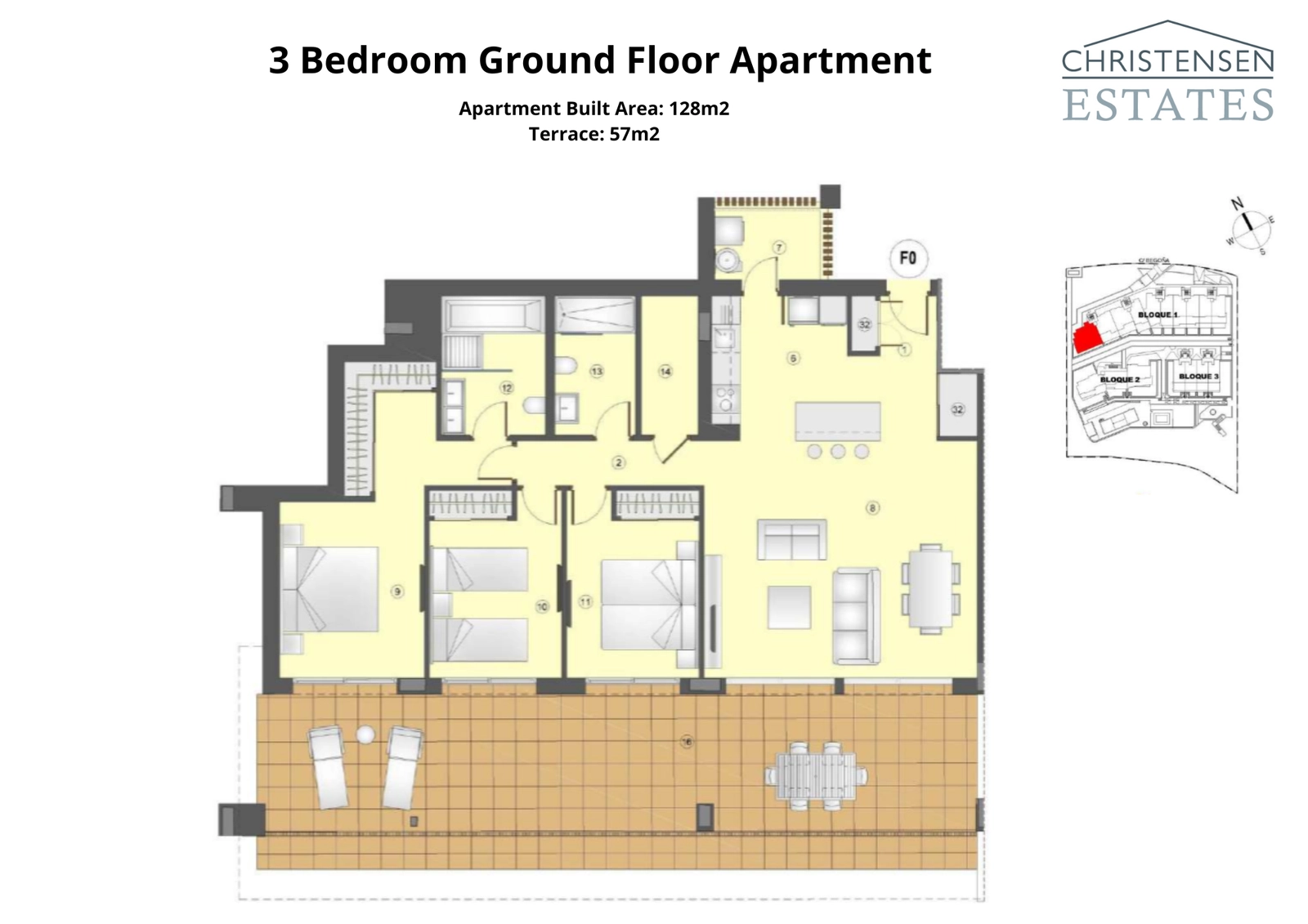 De indeling van een gelijkvloerse woning met drie slaapkamers, met ruime interieurs die aansluiten op een groot terras en privétuin, perfect voor buitenleven.