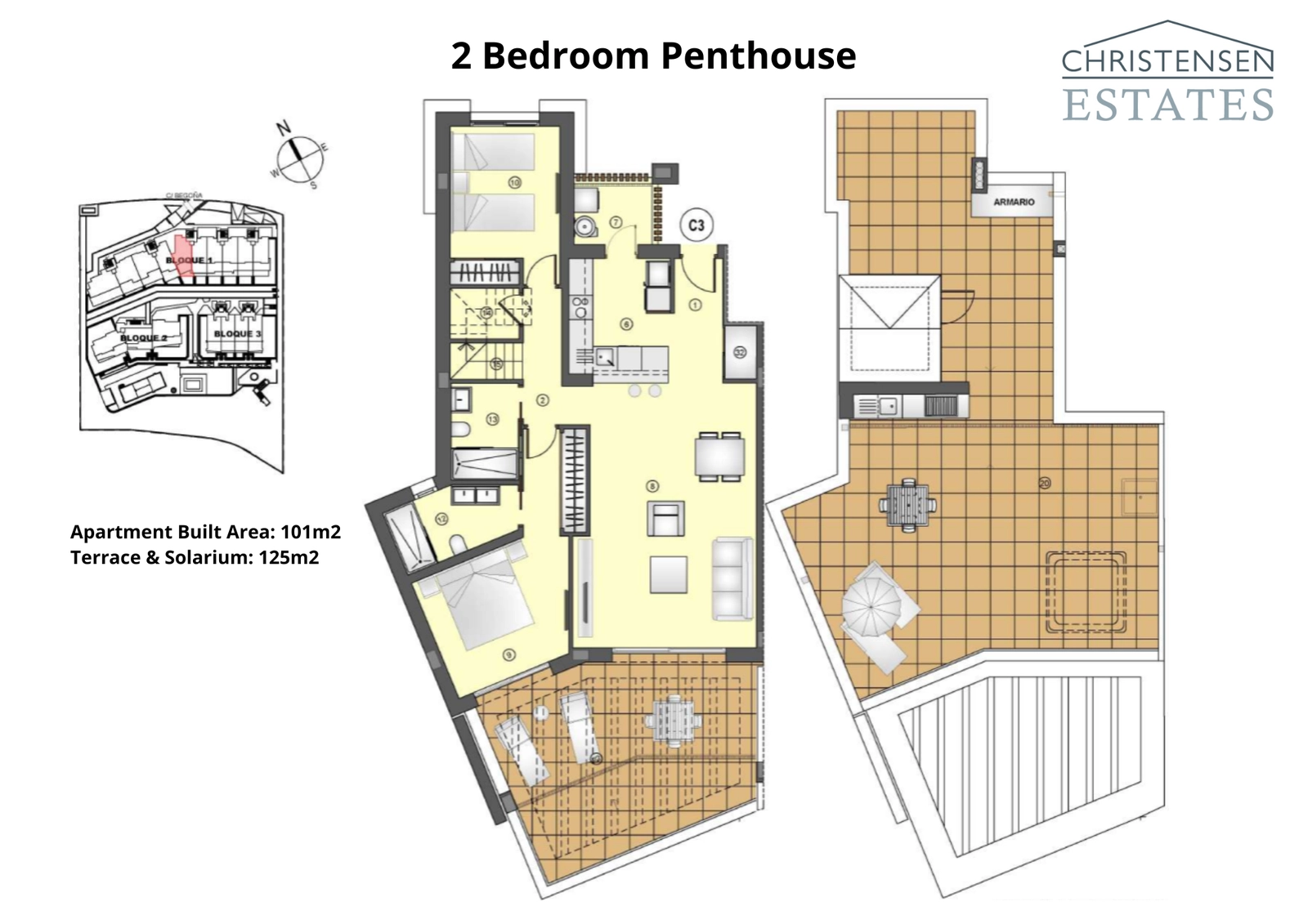 Plattegrond van een penthouse met twee slaapkamers, die de overgang van de woonruimtes naar het terras en het uitgestrekte privé-solarium op de bovenverdieping illustreert.