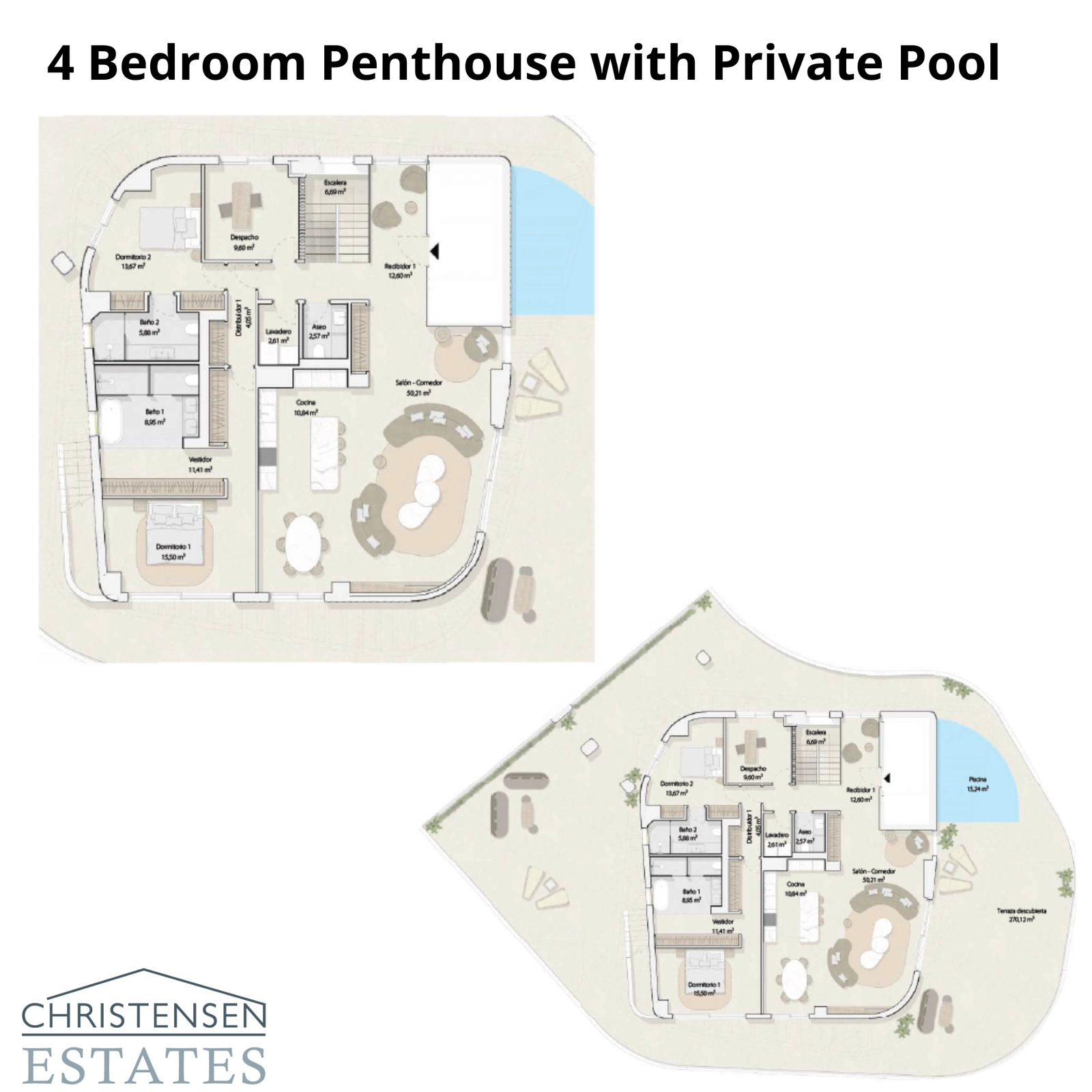 De indeling van een spectaculair penthouse met vier slaapkamers, met ruime woonruimtes en een exclusief dakterras met een privézwembad.