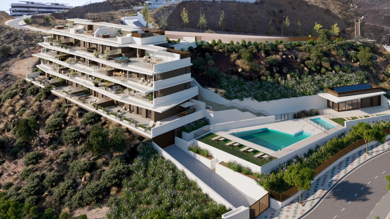 Een luchtfoto van de bevoorrechte ligging en de gemeenschappelijke faciliteiten van het complex.