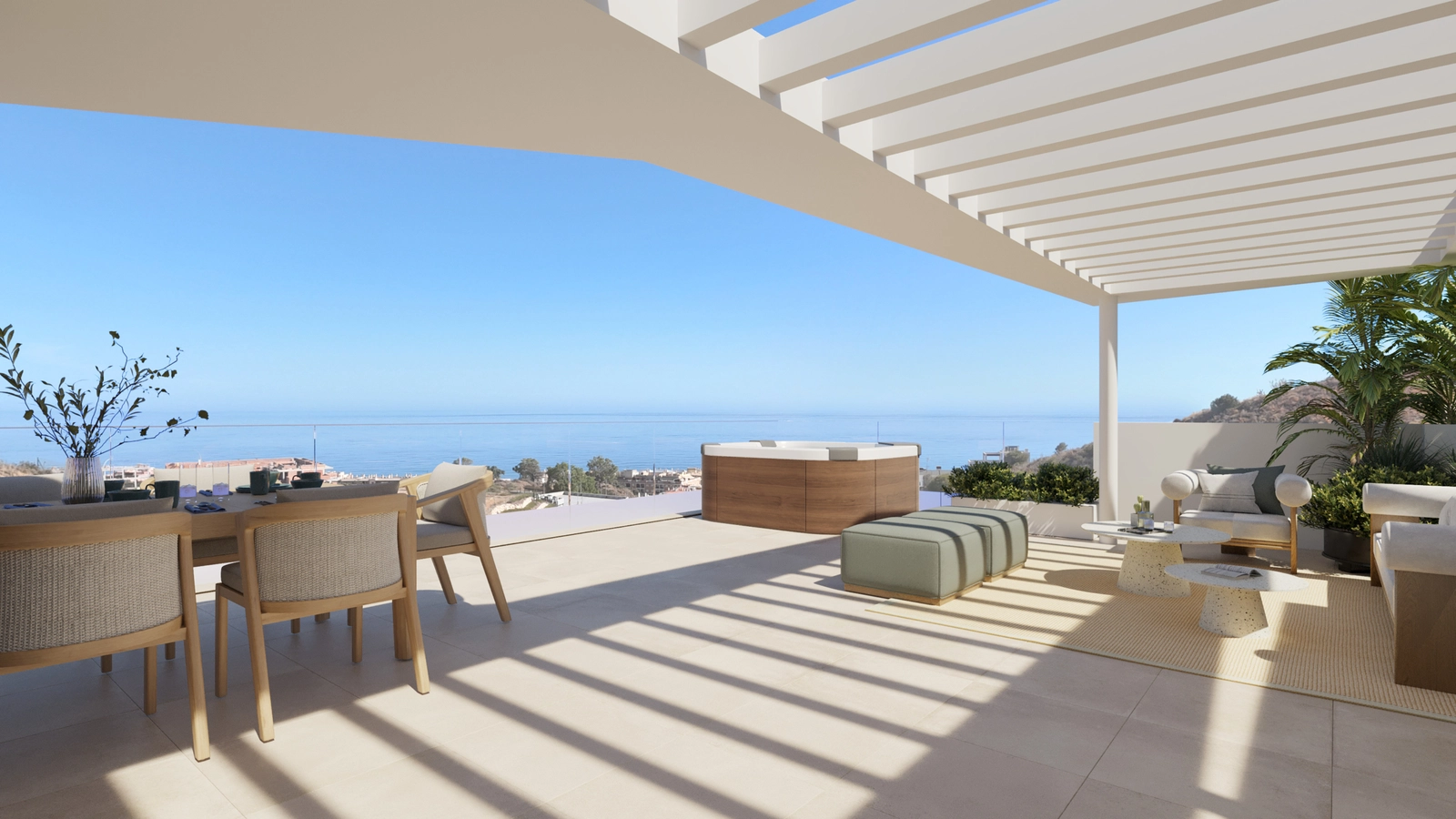 Het solarium van het penthouse biedt een perfecte ruimte om te zonnebaden of te genieten van de zonsondergang over de Costa del Sol.