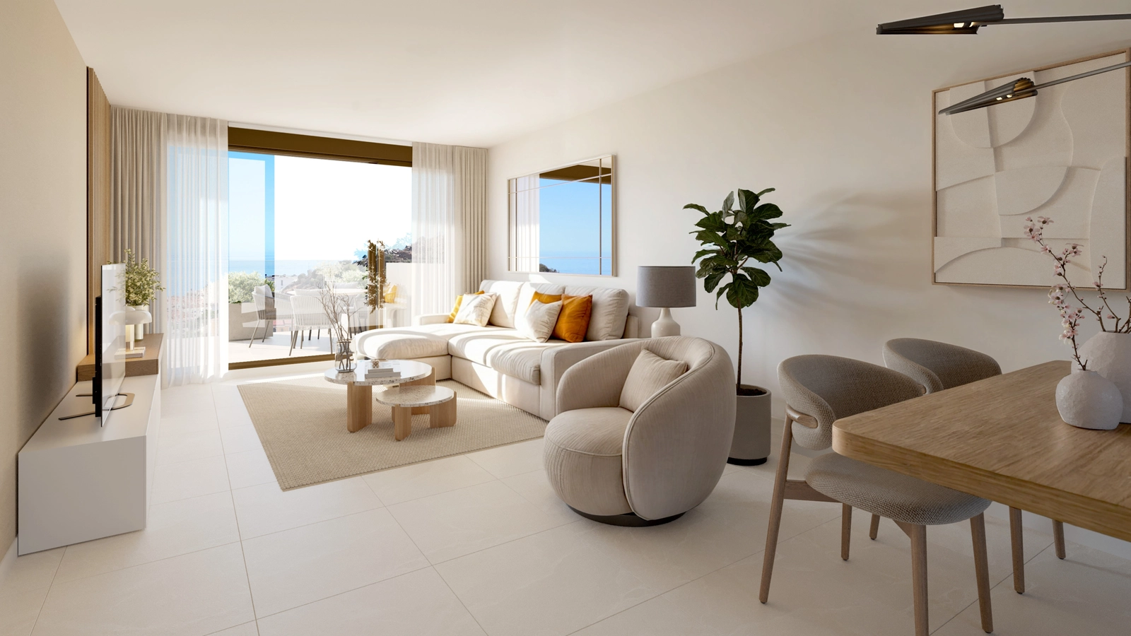 De lichte en ruime woonkamer sluit naadloos aan op het buitenterras, wat zorgt voor een perfecte binnen-buitenstroom.