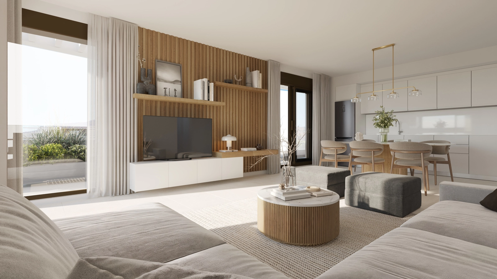 Een uitzicht op de moderne woonruimte, met de geïntegreerde keuken en elegante designdetails.