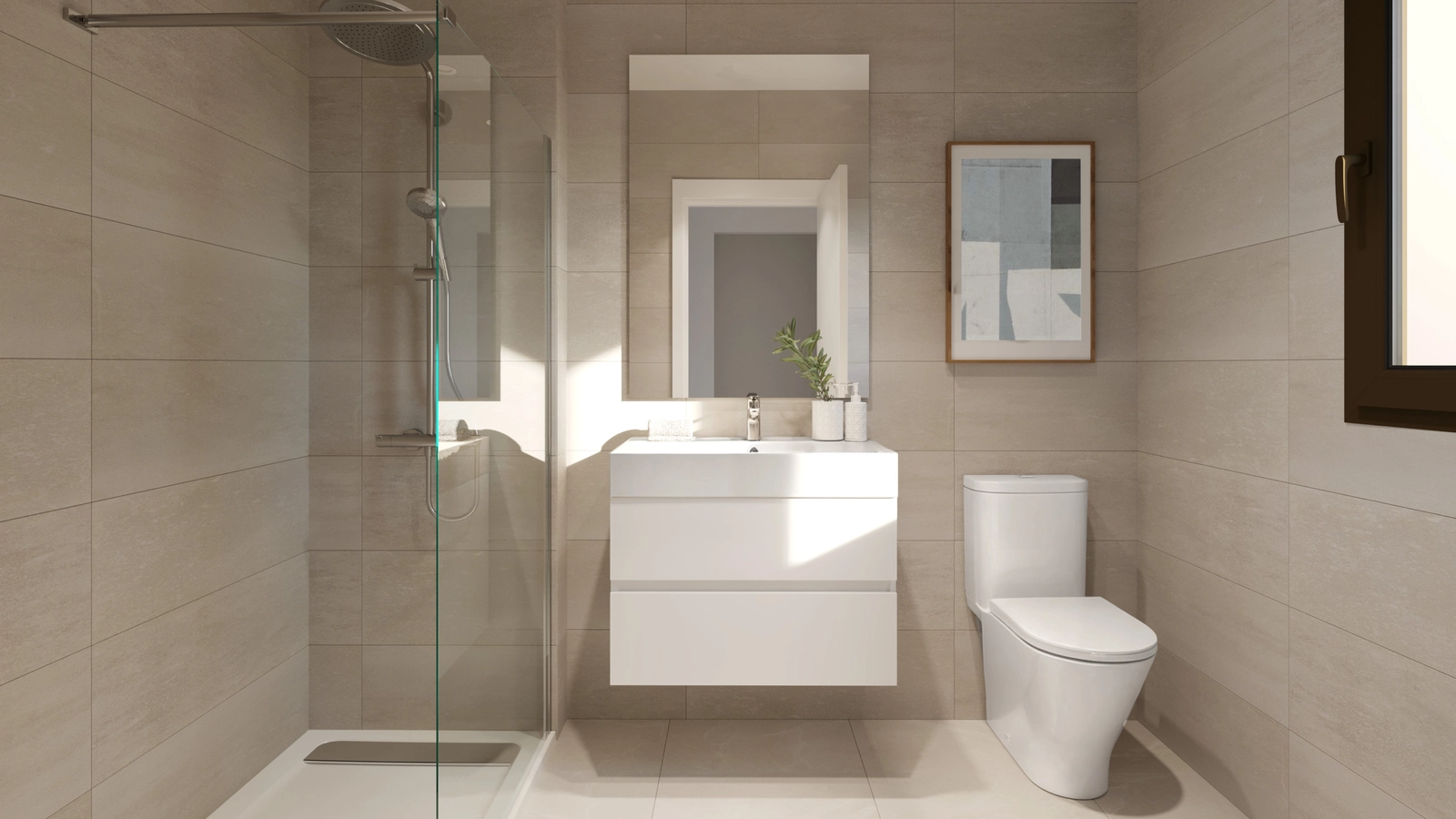 Een eigentijdse badkamer met hoogwaardige afwerkingen, een inloopdouche en een strak, minimalistisch design.