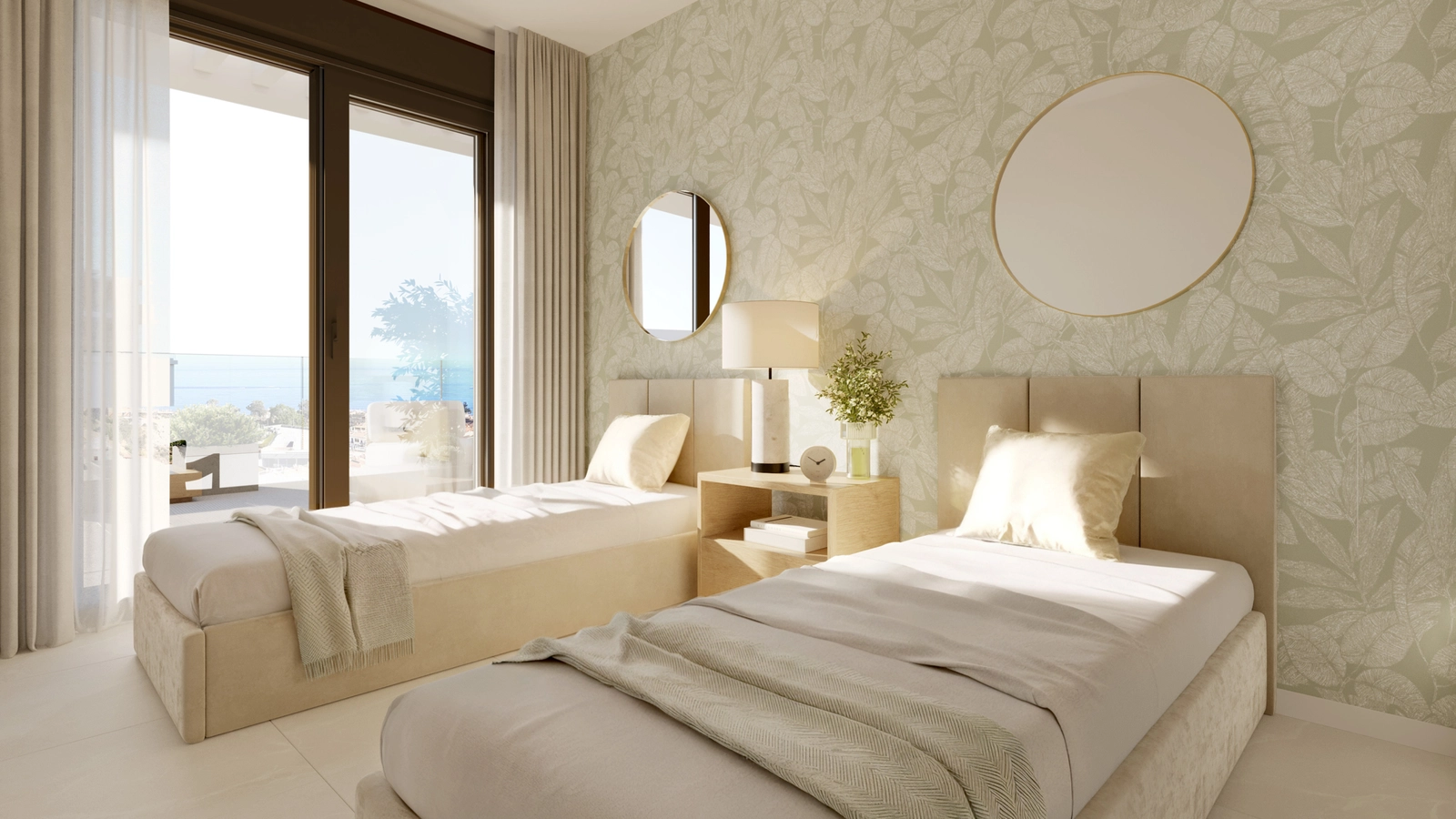 Een prachtig ingerichte tweede slaapkamer met veel natuurlijk licht en directe toegang tot buiten.