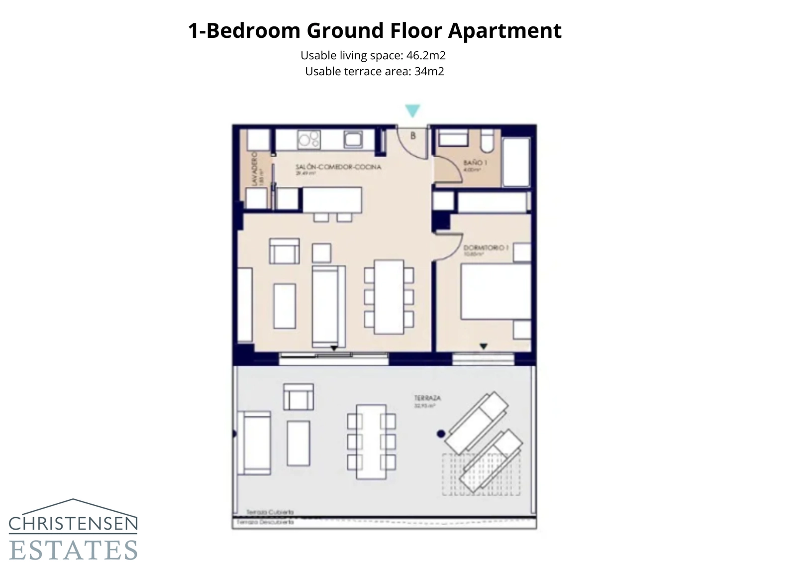 Plattegrond van een appartement met één slaapkamer op de begane grond, met een royaal terras dat de leefruimte naar buiten uitbreidt.