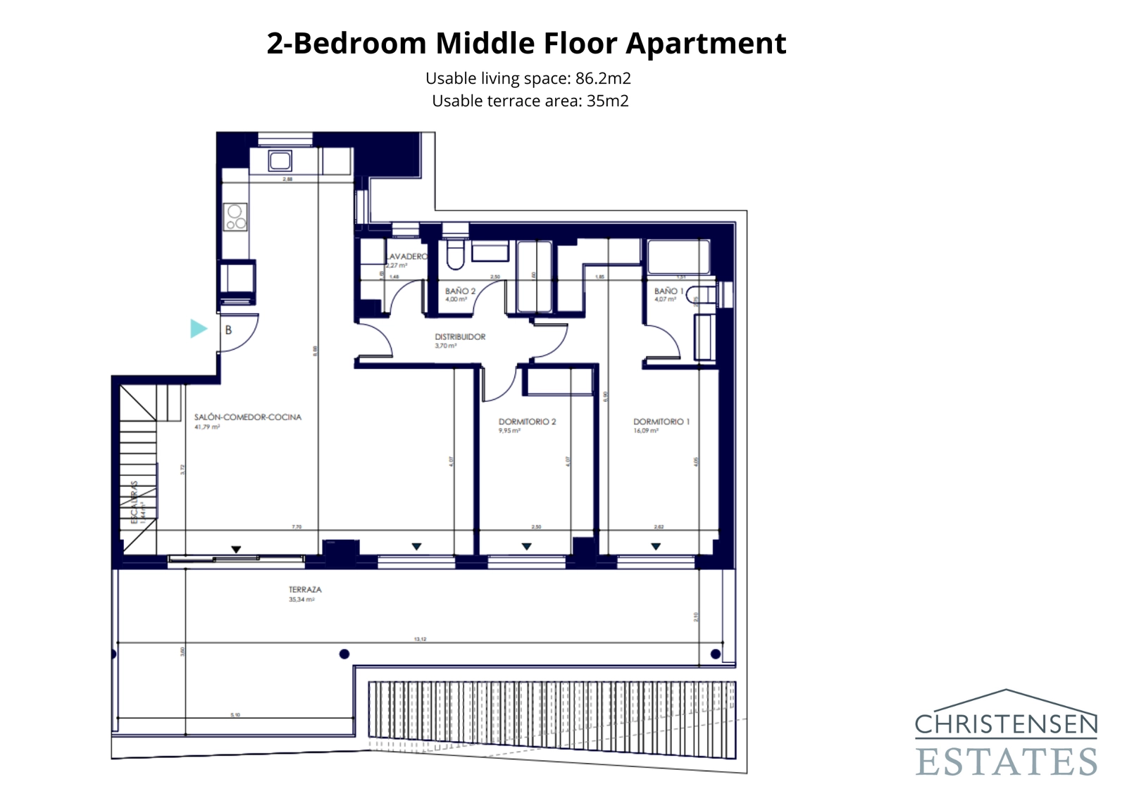 Deze plattegrond van een appartement met twee slaapkamers kenmerkt zich door efficiënt ruimtegebruik en een groot terras om van het uitzicht op zee te genieten.