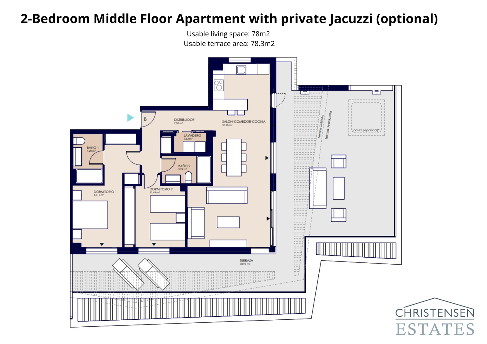 Een unieke plattegrond met twee slaapkamers die een uitgebreid privéterras met een optionele jacuzzi omvat voor ultieme ontspanning.