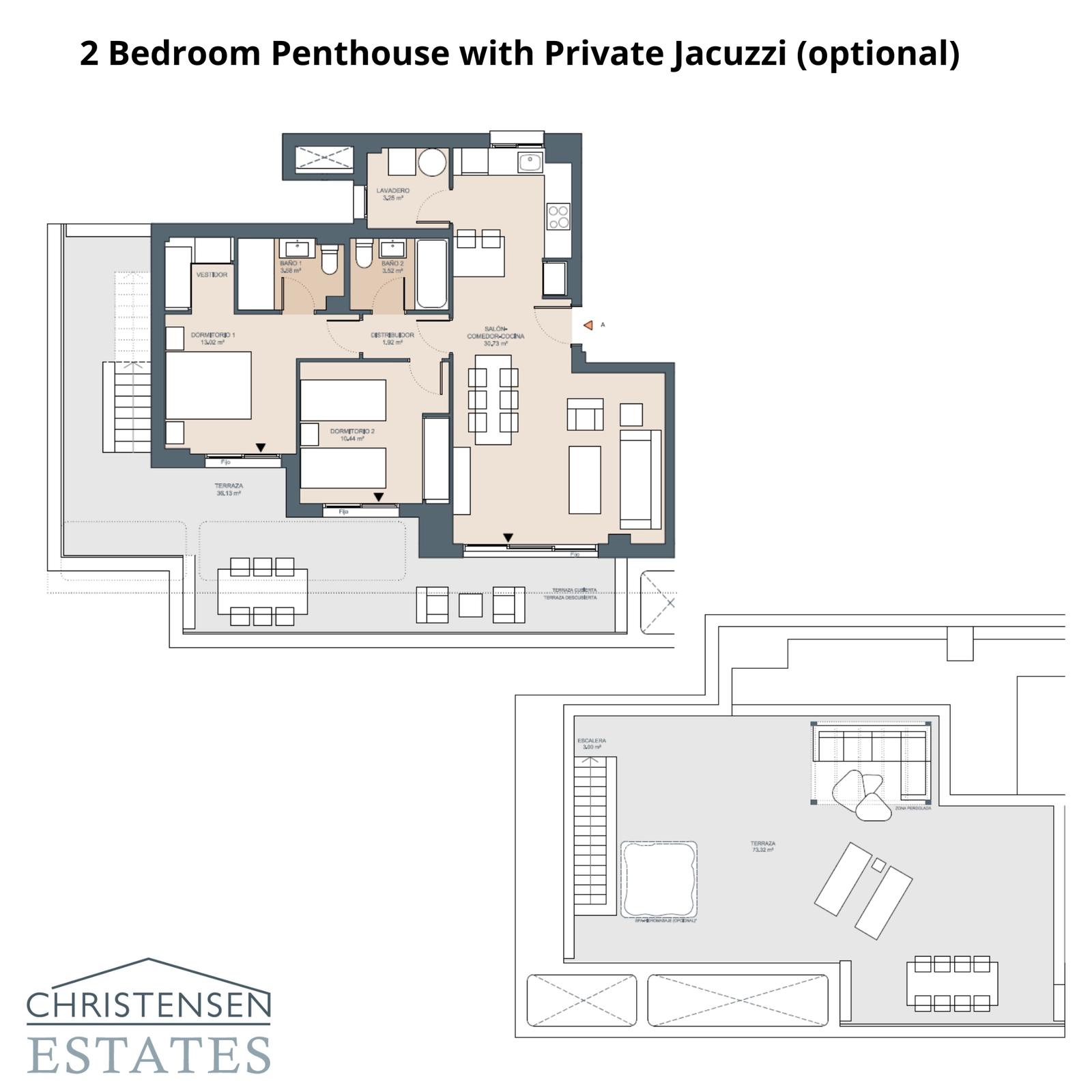 De indeling van het penthouse met twee slaapkamers, met een prachtig dakterras voor de ultieme privé-toevluchtsoord.