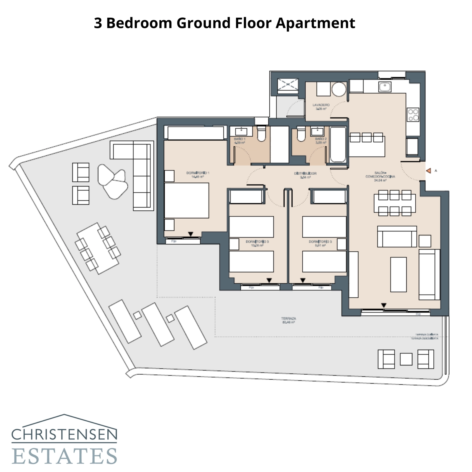 Dit gelijkvloerse appartement met drie slaapkamers heeft een ruim terras en tuin, waardoor de woonruimte naar buiten wordt uitgebreid.