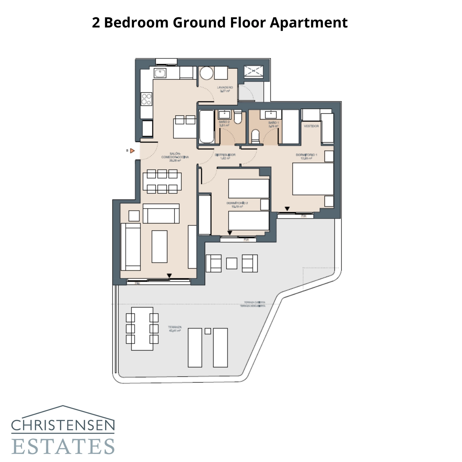 De indeling voor een gelijkvloerse woning met twee slaapkamers, ontworpen voor modern wonen met gemakkelijke toegang tot een privé-terras.