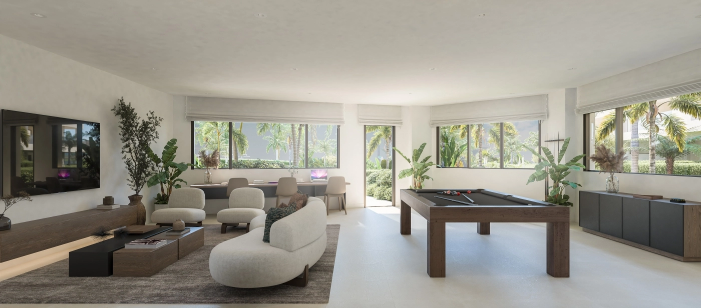 De gemeenschappelijke sociale lounge, een veelzijdige ruimte voor bewoners om comfortabel te werken, elkaar te ontmoeten of te ontspannen.