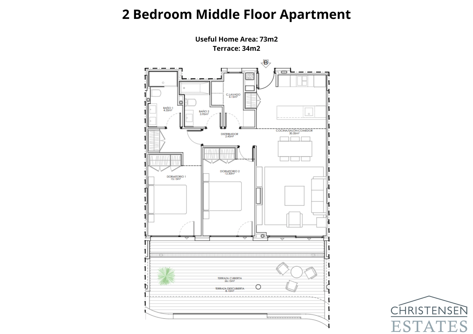 Plattegrond voor een woning met twee slaapkamers, ontworpen voor comfort met een royaal terras om van het buitenleven te genieten.