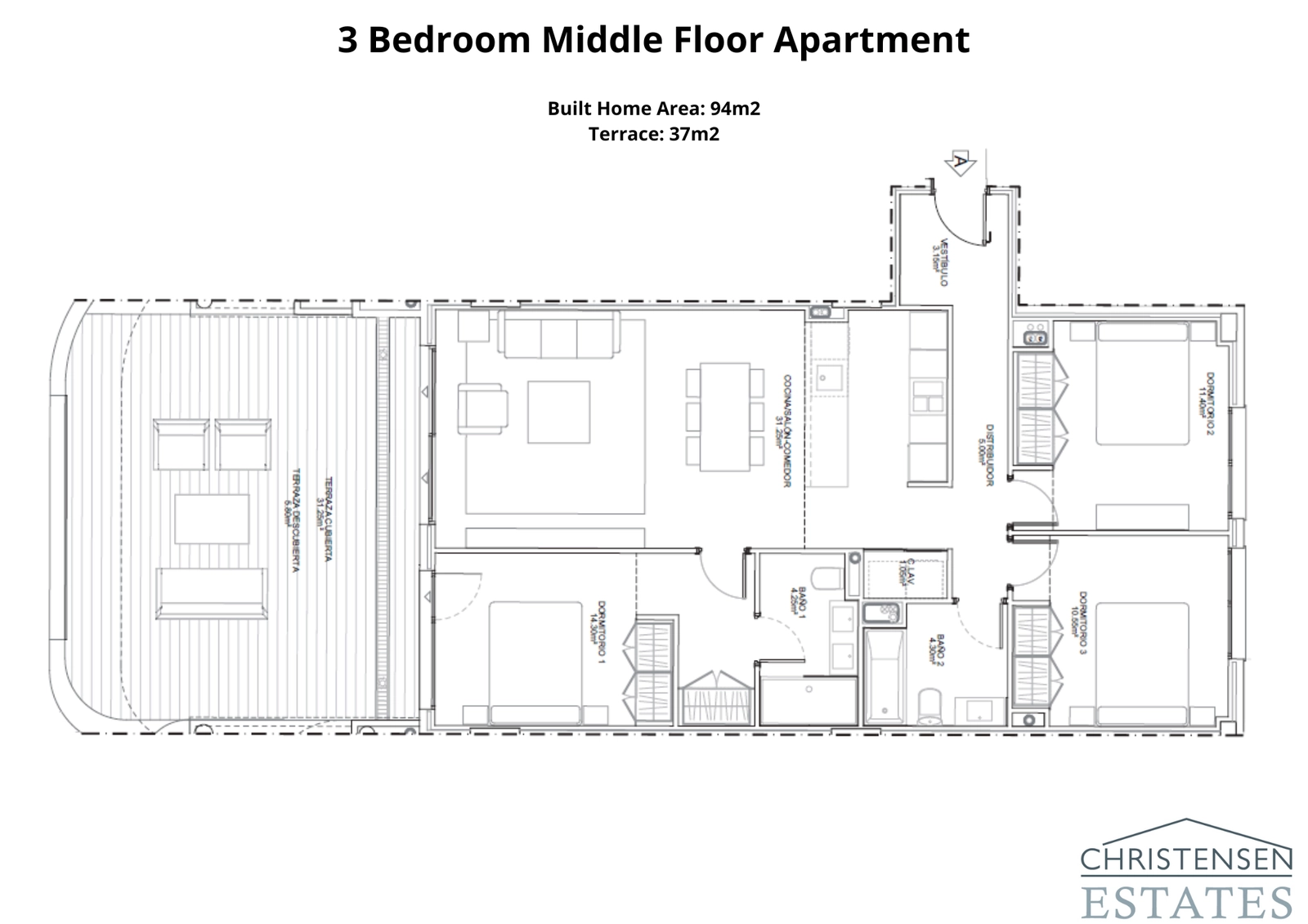 Deze plattegrond met drie slaapkamers biedt een ruime open woonkamer en een groot, privé-buitenterras.