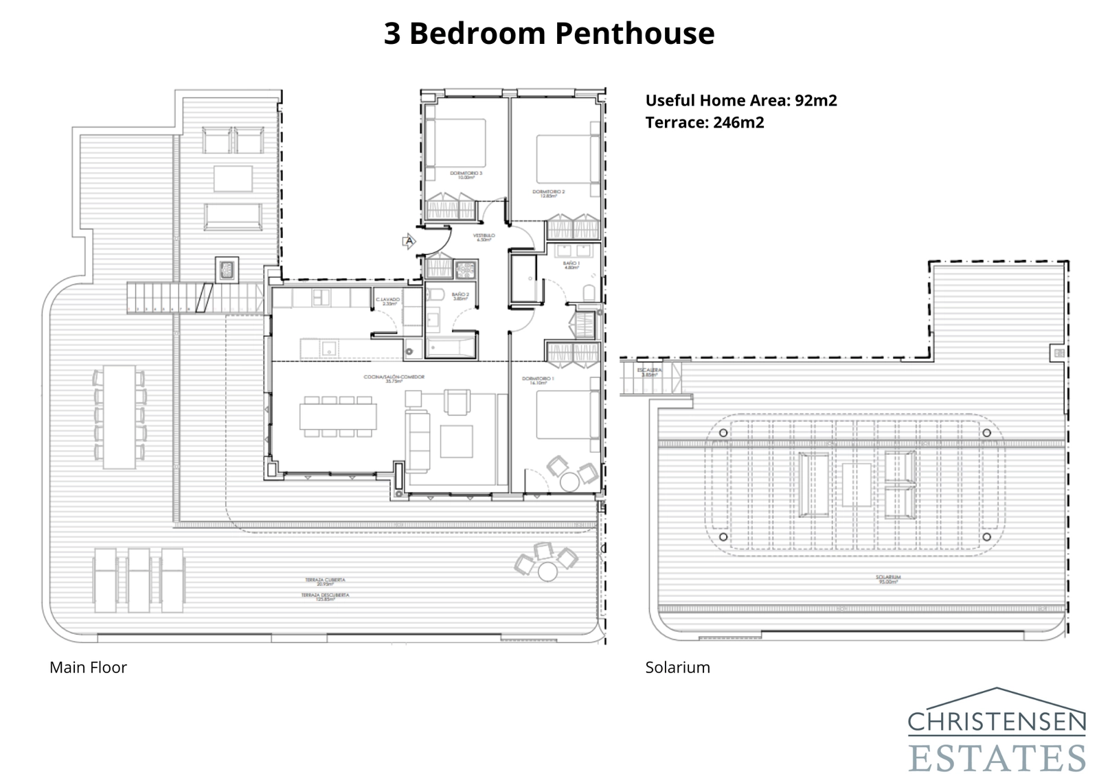 De uitgebreide penthouse-plattegrond met drie slaapkamers, met een enorm solarium voor de ultieme luxe levensstijl.