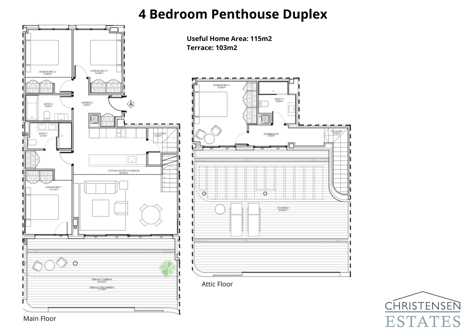 Een ruime duplex-penthouse plattegrond met vier slaapkamers, met woonruimtes verdeeld over twee verdiepingen voor optimale privacy en ruimte.