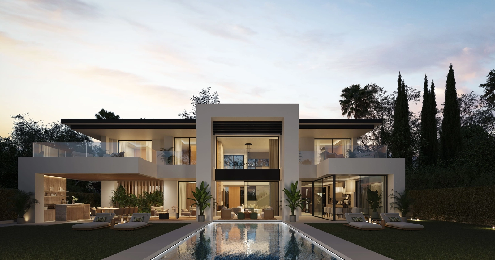 Zodra de avond valt, creëert de elegante verlichting van de villa een warme en uitnodigende sfeer rond het privézwembad en de tuin.