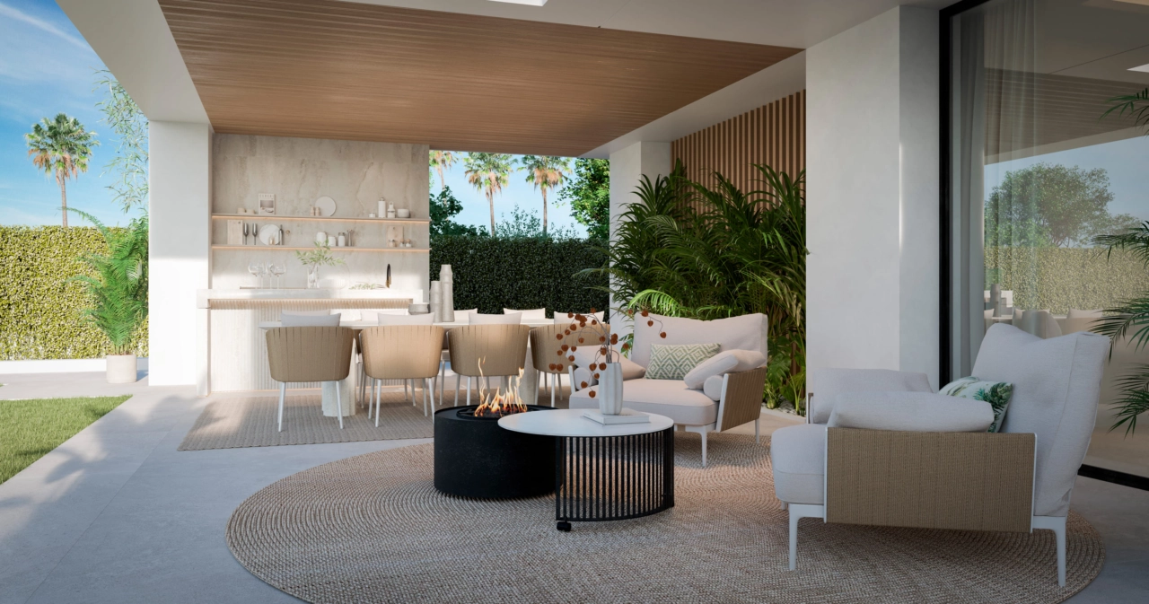 Geniet van de levensstijl van de Costa del Sol met een verfijnd overdekt terras, perfect om buiten te dineren en te ontspannen.