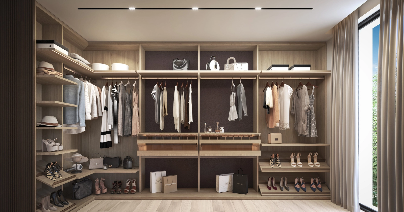 Een ruime en prachtig ontworpen inloopkast biedt voldoende opbergruimte in een elegante setting.