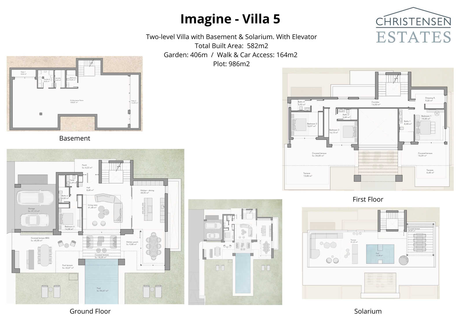 Deze plattegrond toont een ruim ontwerp met twee verdiepingen, een optionele kelder en solarium, wat de ruimte voor gezinsleven en entertainment optimaliseert.