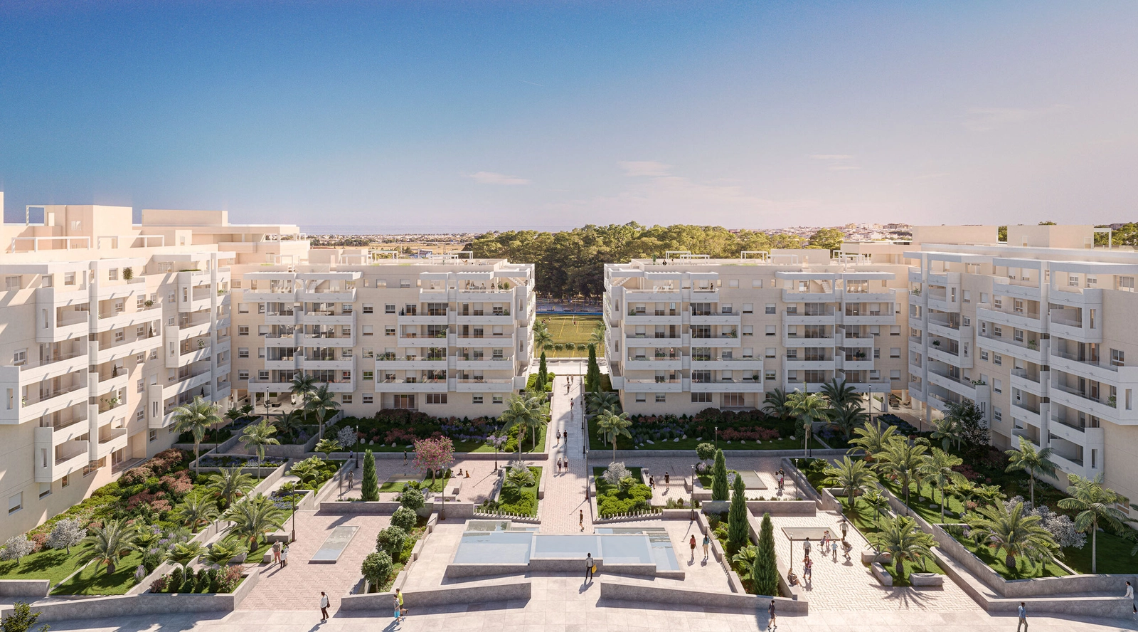 Een luchtfoto toont de prachtige indeling van het project, genesteld tussen weelderig groen aan de Costa del Sol.