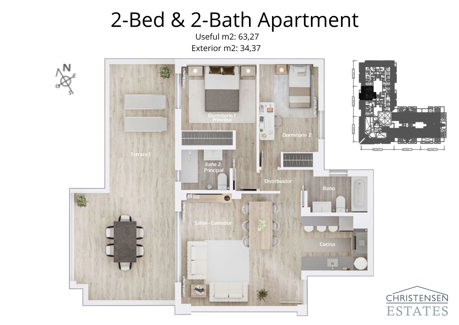 Een doordacht ontworpen appartementindeling met twee slaapkamers, met een ruime woonkamer die uitkomt op een royaal terras.