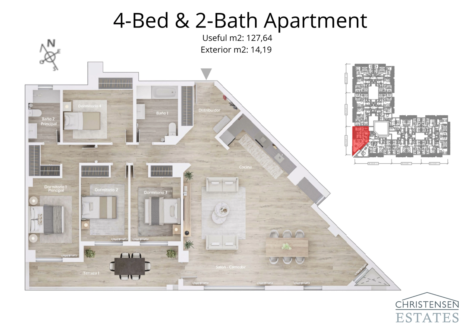 Een uitgebreide indeling met vier slaapkamers, ideaal voor gezinnen, met een open woon- en eetgedeelte voor gemakkelijk entertainment.