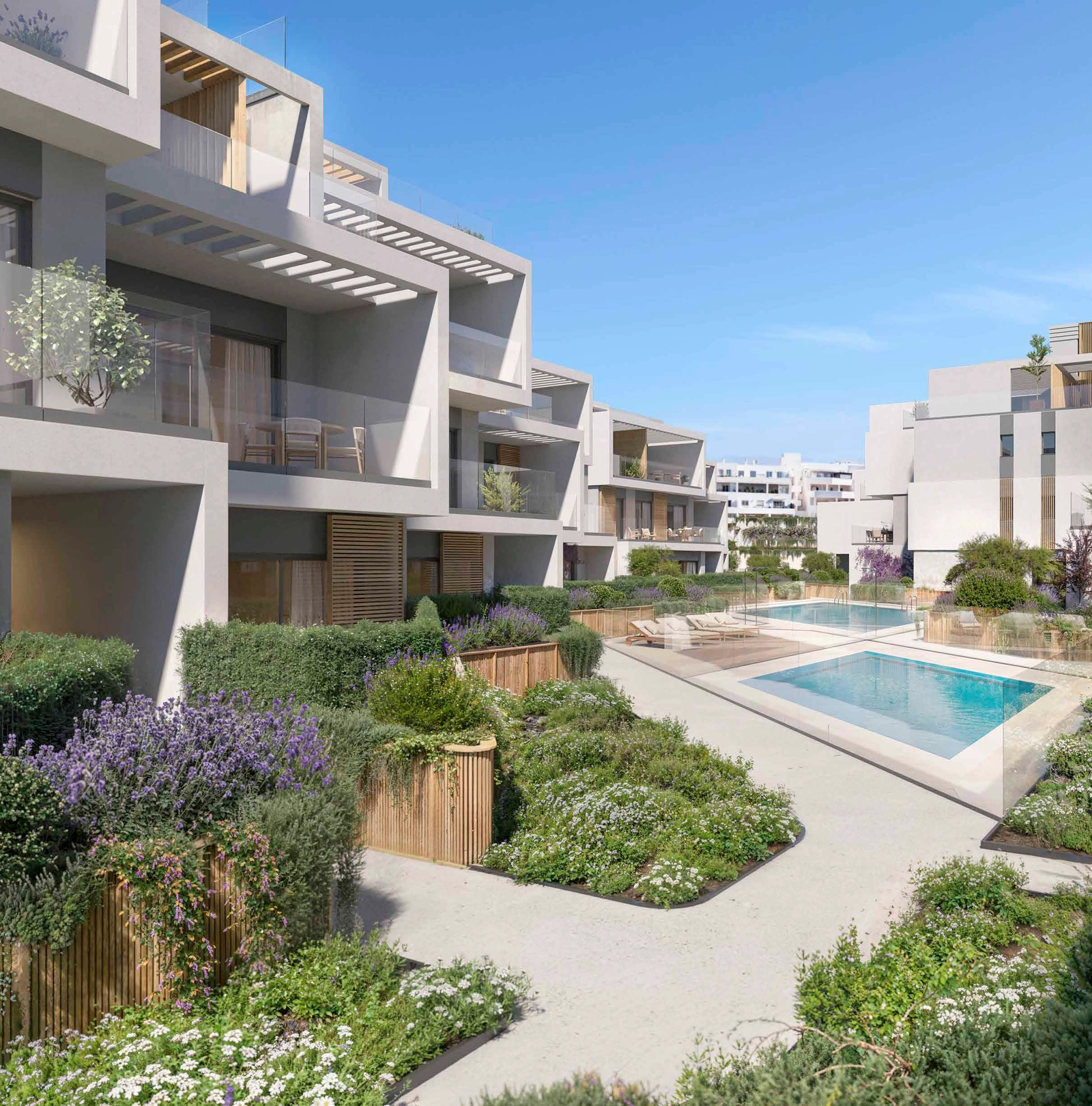 Prachtig aangelegde tuinen creëren een rustige en natuurlijke omgeving in de hele gemeenschap.