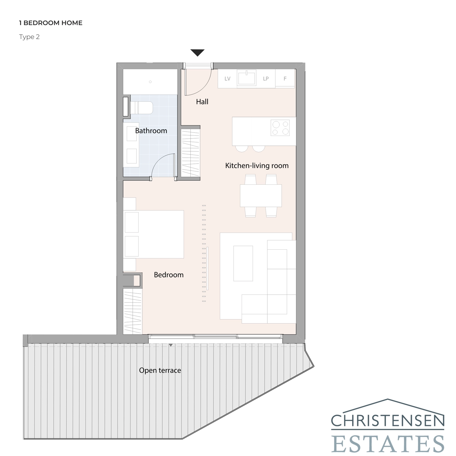 Indeling van een appartement met één slaapkamer, ontworpen voor comfort met een royaal open terras om van het buitenleven te genieten.