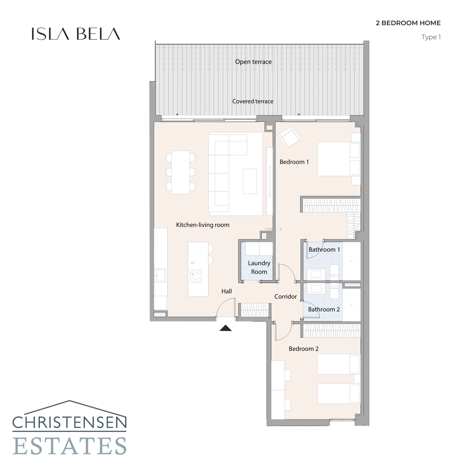 Indeling van een appartement met twee slaapkamers, met een slim ontwerp dat de woonruimte verbindt met een groot overdekt en open terras.