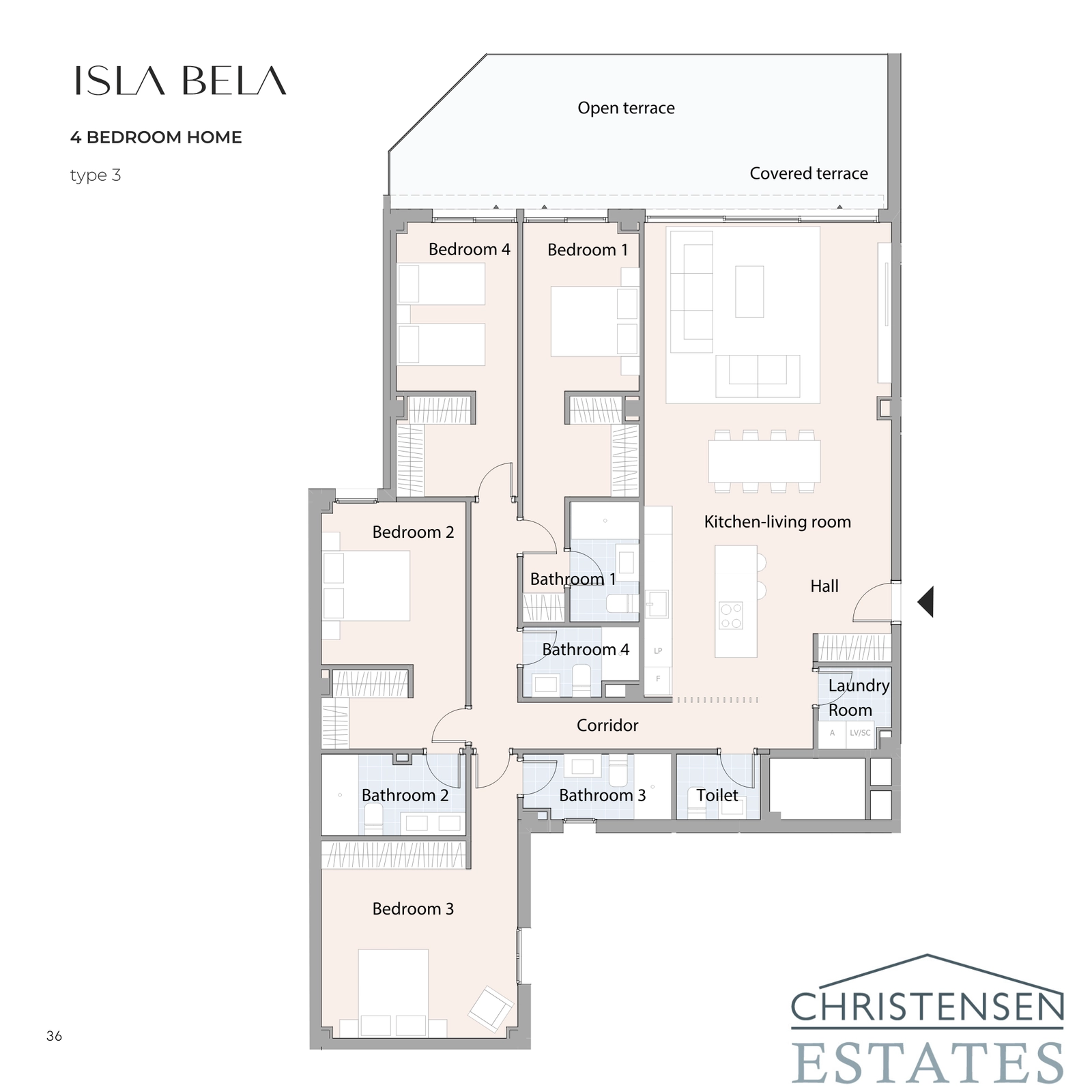 Indeling van een woning met vier slaapkamers, met ruime leefruimtes en meerdere badkamers voor ultiem familiecomfort en luxe.