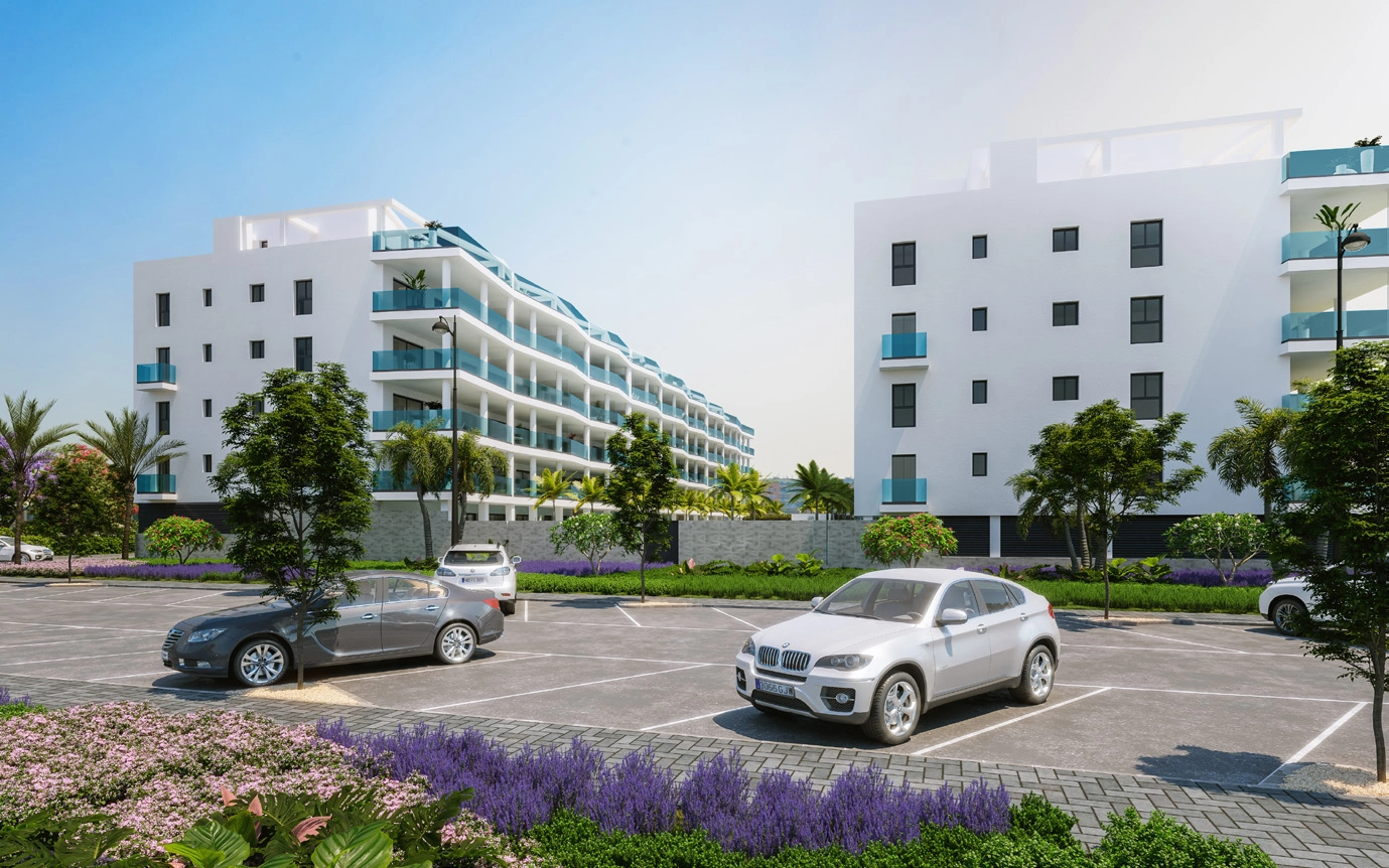 De eigentijdse architectuur van Jardines de las Lagunas, ontworpen voor modern wonen aan de Costa del Sol.