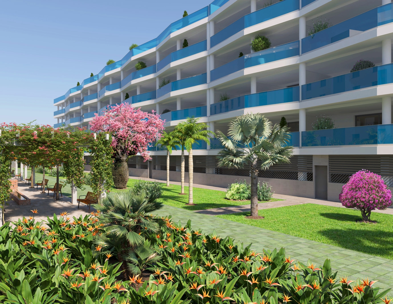 Aangelegde tuinen bieden een rustig groen toevluchtsoord waar bewoners kunnen ontspannen en verbinding maken met de natuur.