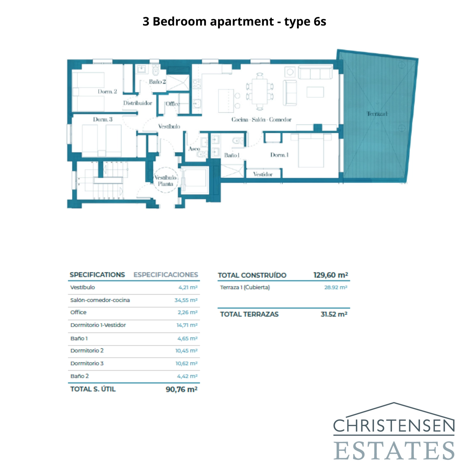 Indeling voor een ruim 3-slaapkamerappartement, met een geïntegreerde woonkamer en een royaal privéterras.