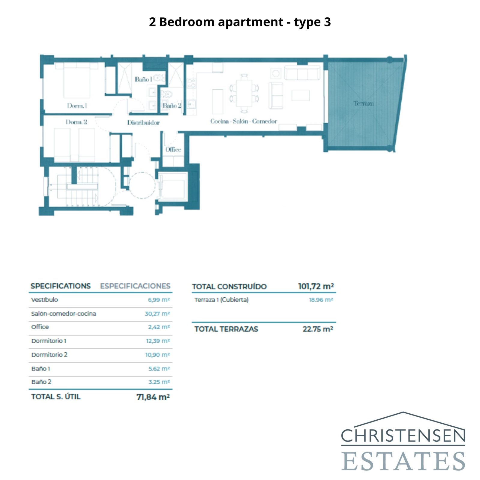 Plattegrond van een 2-slaapkamerwoning met een slimme indeling die ruimte en natuurlijk licht maximaliseert.