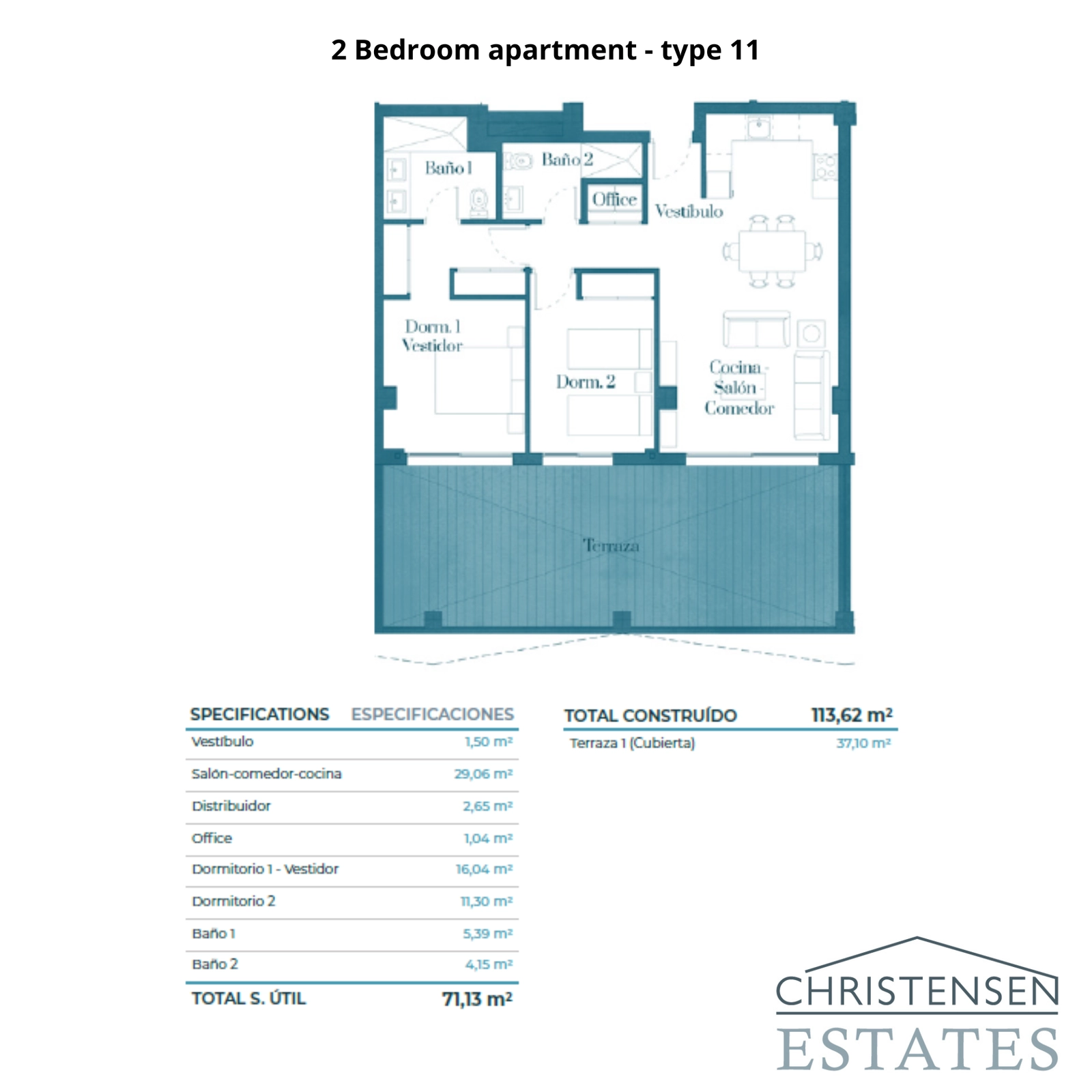 Deze indeling van een 2-slaapkamerappartement biedt een praktisch ontwerp met een groot terras, perfect om van het uitzicht te genieten.